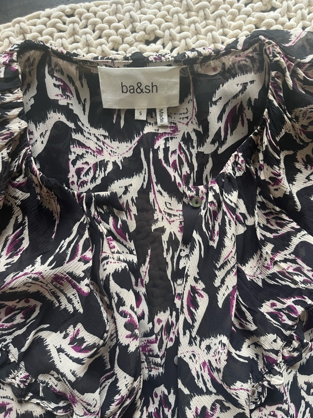 ba&sh Genny Floral Ruffle Blouse in Black, Pink and Cream Size S NWOT